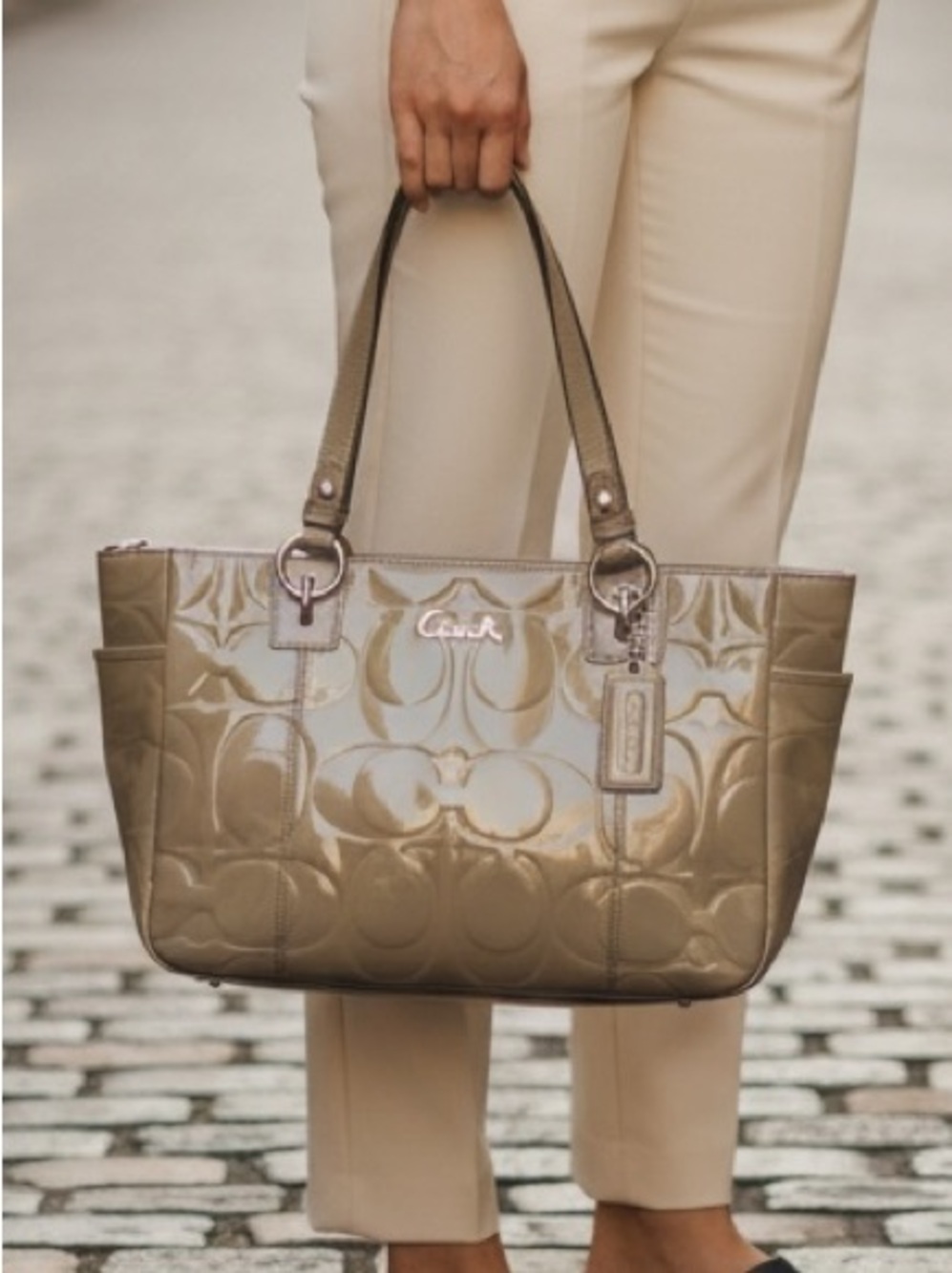 Y2K Vintage Olive/Sage Green Patent Leather Coach Silver Embossed Signature Tote